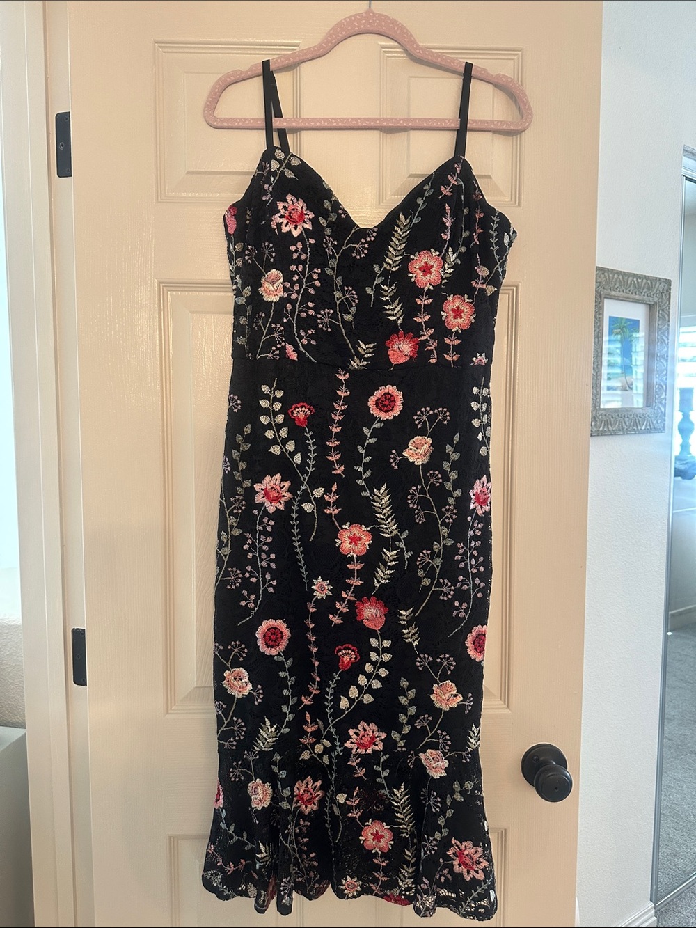 Siena Studio Black Midi Slip Dress with Pink and Red Floral Embroidery